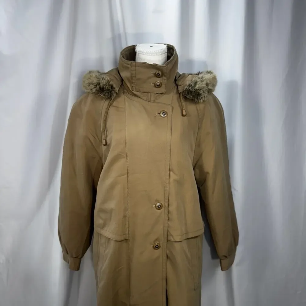 Vintage Camel Maxi Hooded Parka Fur Trim Insulated Winter Coat Made England XL - Picture 15 of 16